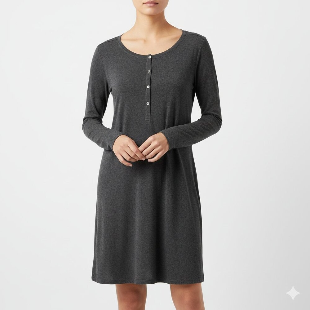 Eileen Fisher‎ Charcoal Henley Long Sleeve Hemp Cotton Dress – Women’s S